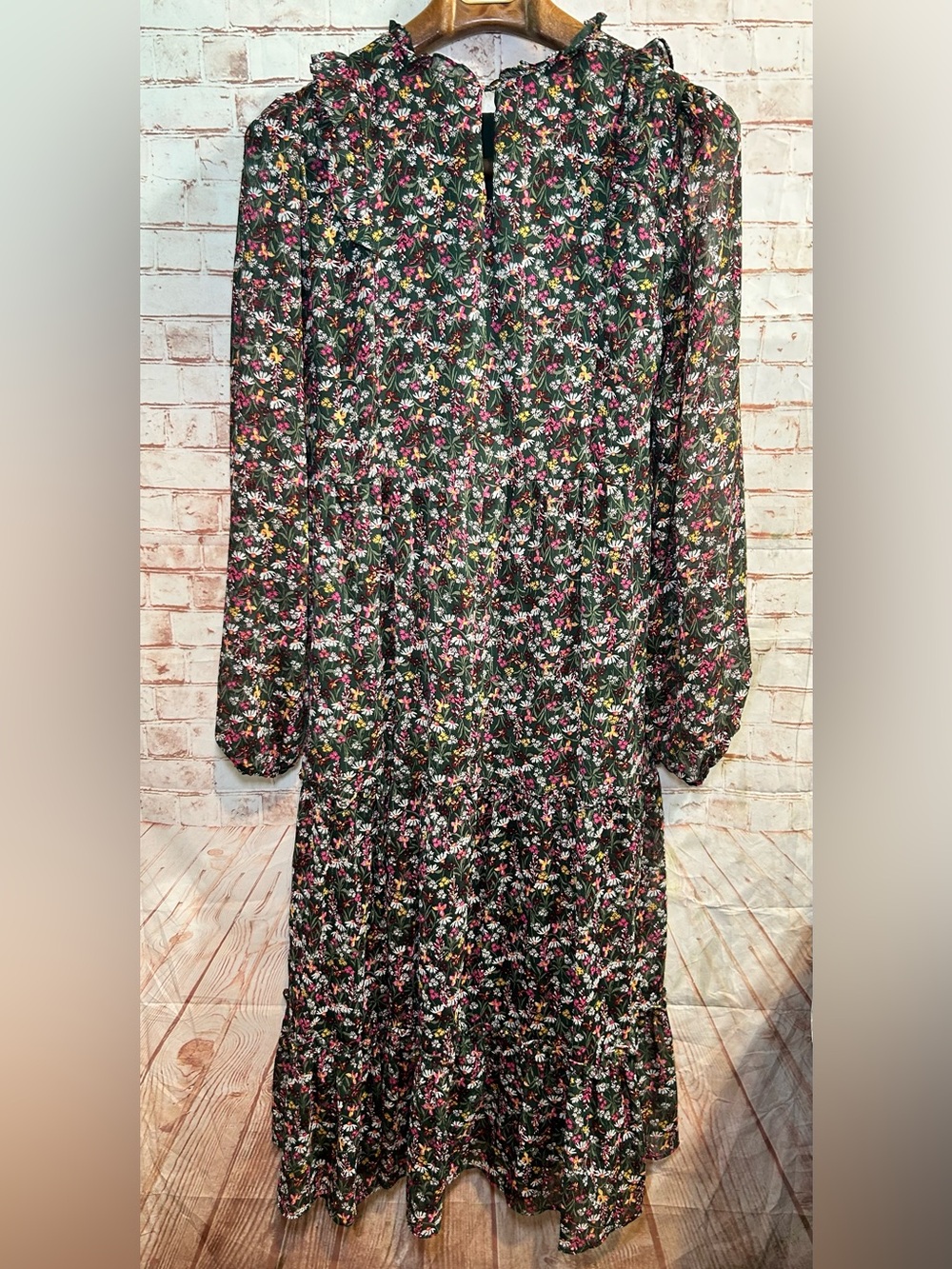 Draper James Green Floral Smocked Long Sleeve Boho Peasant Prairie Midi Dress - Picture 4 of 10